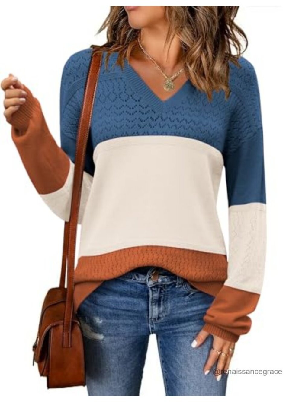 Womens V Neck Long Sleeve Pullover Sweater Loose Knit Crochet Top